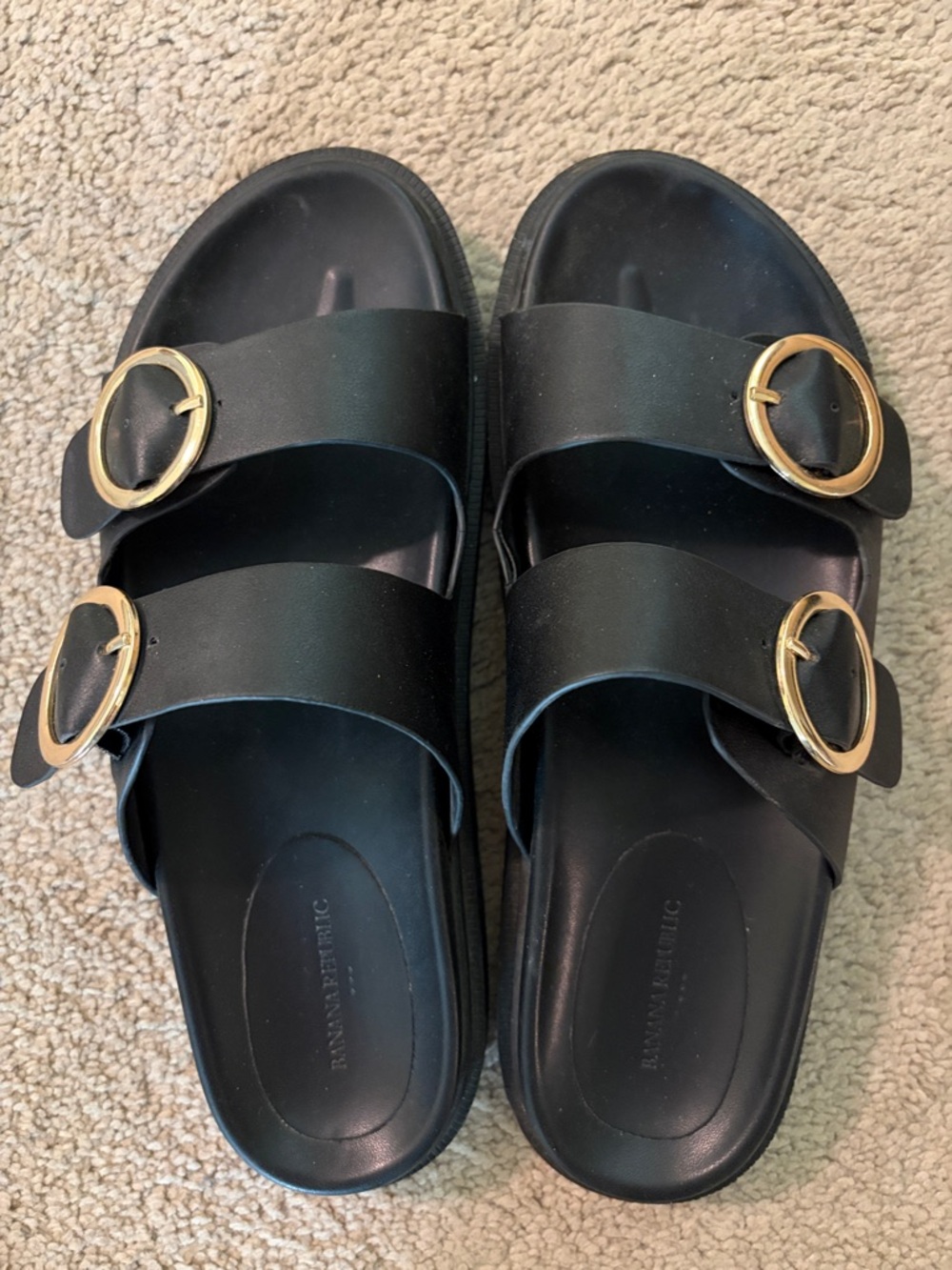 Banana Republic Factory Black Slide Sandals with Gold Buckles